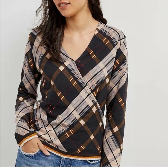 Anthropologie Conditions Apply Brown Plaid Wrap Suzette Top - Picture 1 of 10